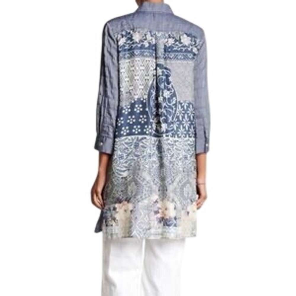 Johnny Was 3J Workshop Blue Herringbone Silk Patchwork Back Tunic Shirt Medium
